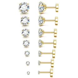 1-7 Pairs 18G Hypoallergenic Stainless Steel White Cubic Zirconia Flat Back Helix Cartilage Stud Earrings for Women Men 2-8mm