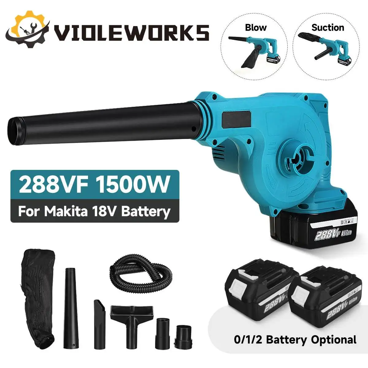 

VIOLEWORKS 1500W 2 IN 1 Cordless Electric Air Blower & Suction Portable Handheld Dust Collector Cleaner For 18V Battery