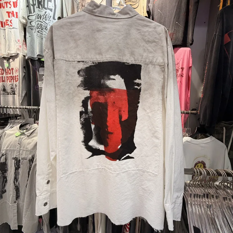 Stain Back Embroidery Patch Graffiti Red Black Color Blocking Saint Shirt Men Women Washed Loose High Street Long Sleeve Shirt