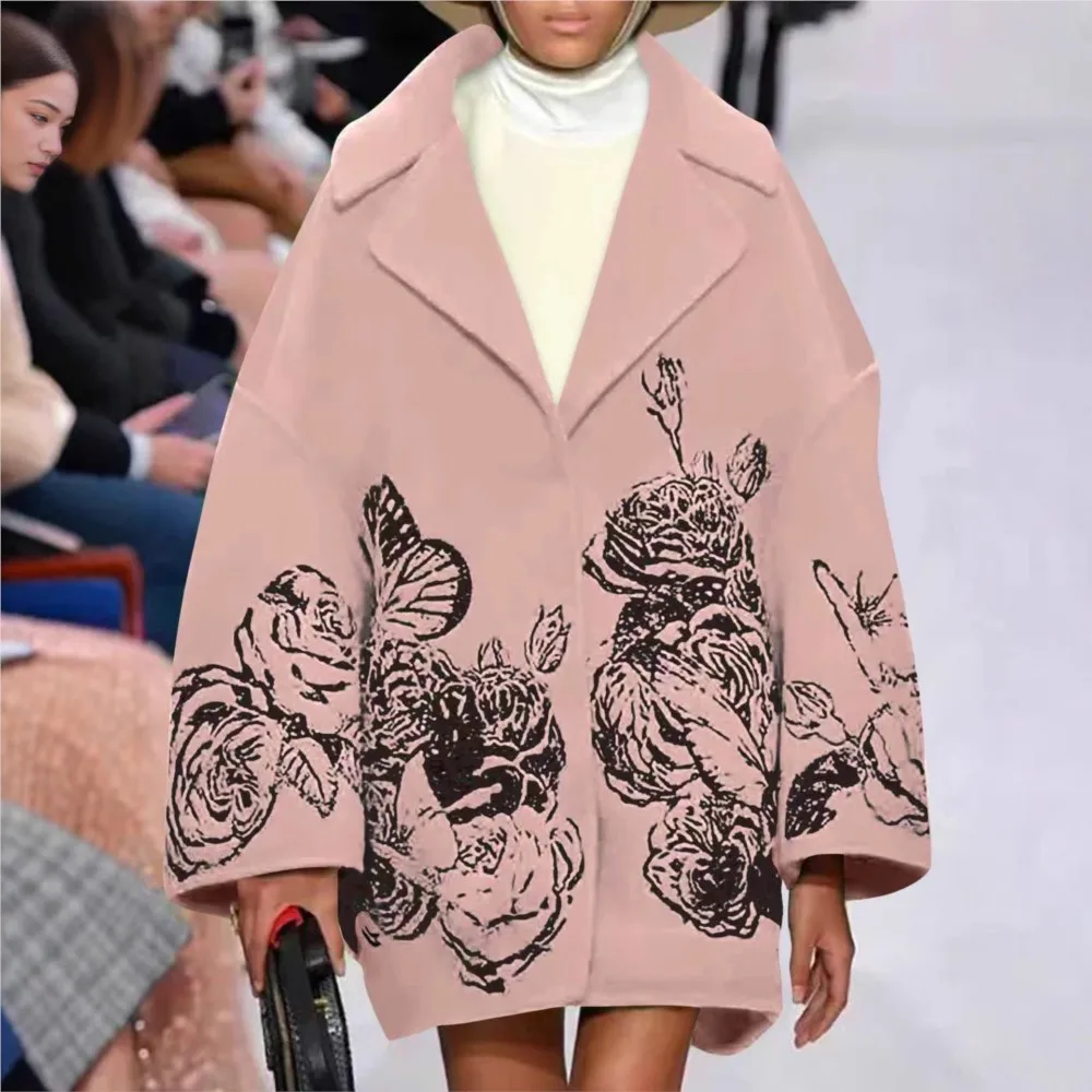 المرأة المطبوعة الصوفية فضفاضة النمط الأجنبي معطف الخريف الشتاء جديد التلبيب غير رسمي بأكمام طويلة الإناث الدافئة في الهواء الطلق معطف الصوف 2025