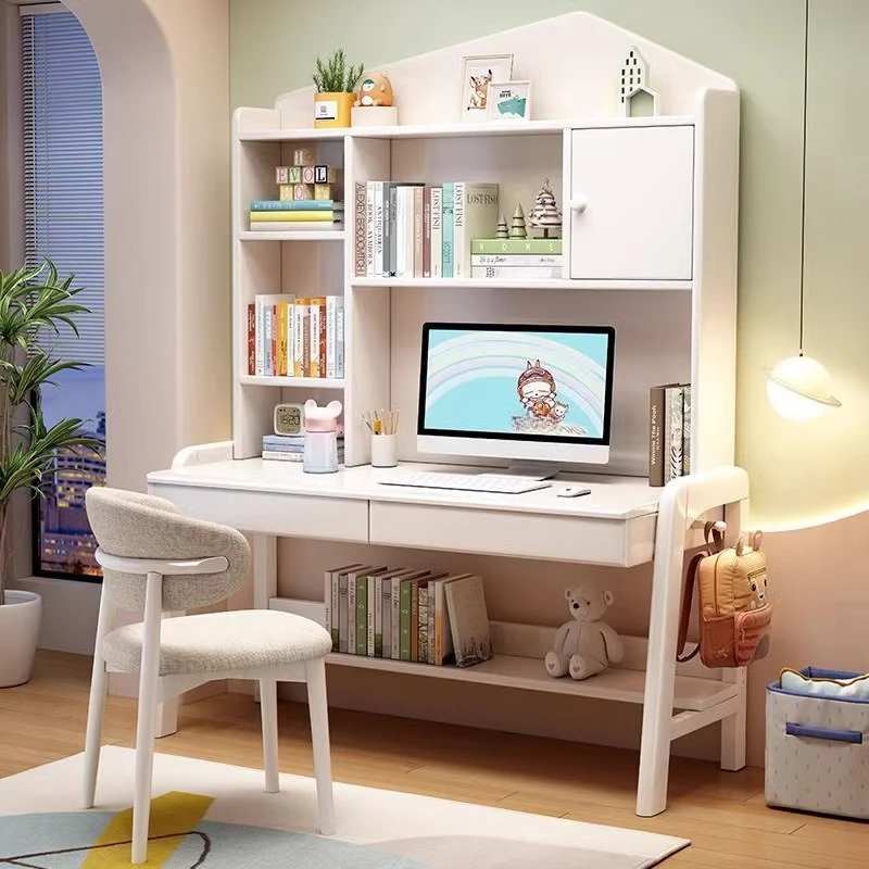طاولة دراسة للأطفال من الخشب الصلب، رف كتب، مكتب كمبيوتر منزلي للكتابة