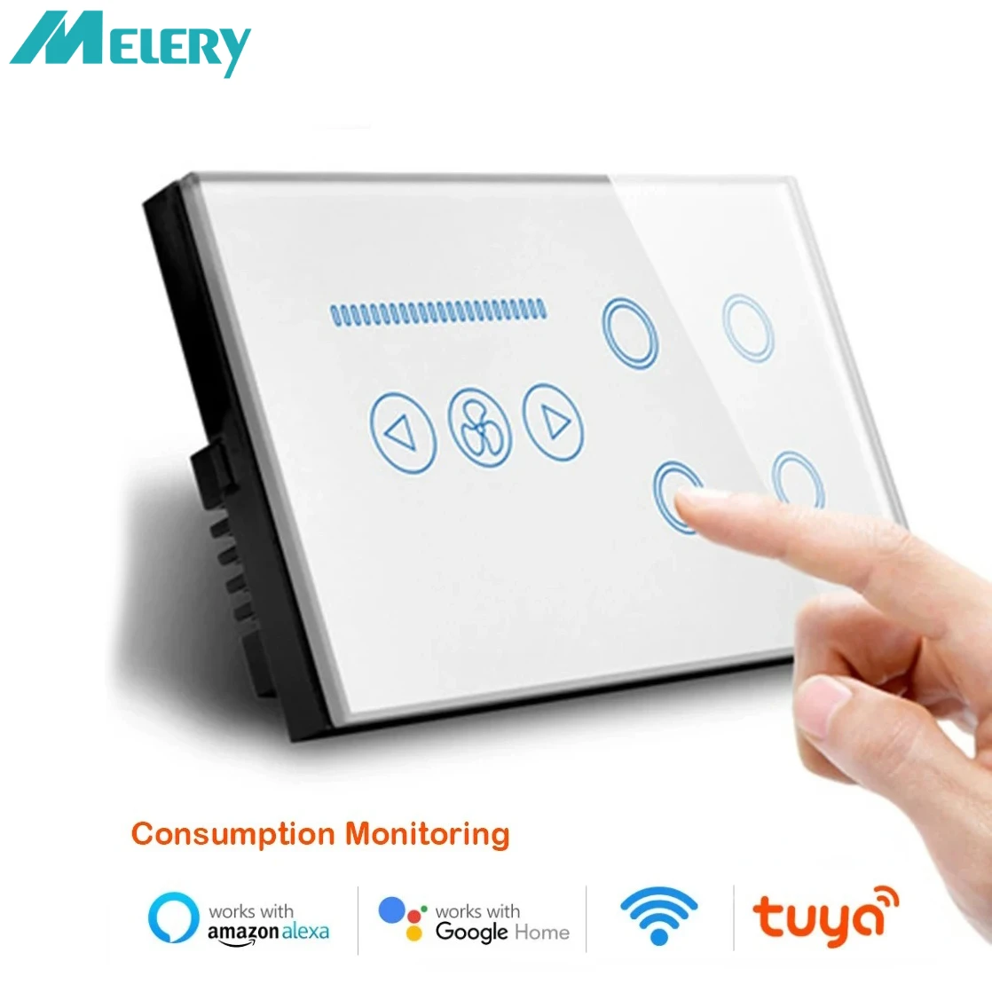 Melery Wifi Smart Tuya Light 4Gang Switch Fan Speed Interruptor Glass Touch Sensor Panel Power Monitor Remote Alexa Google Home