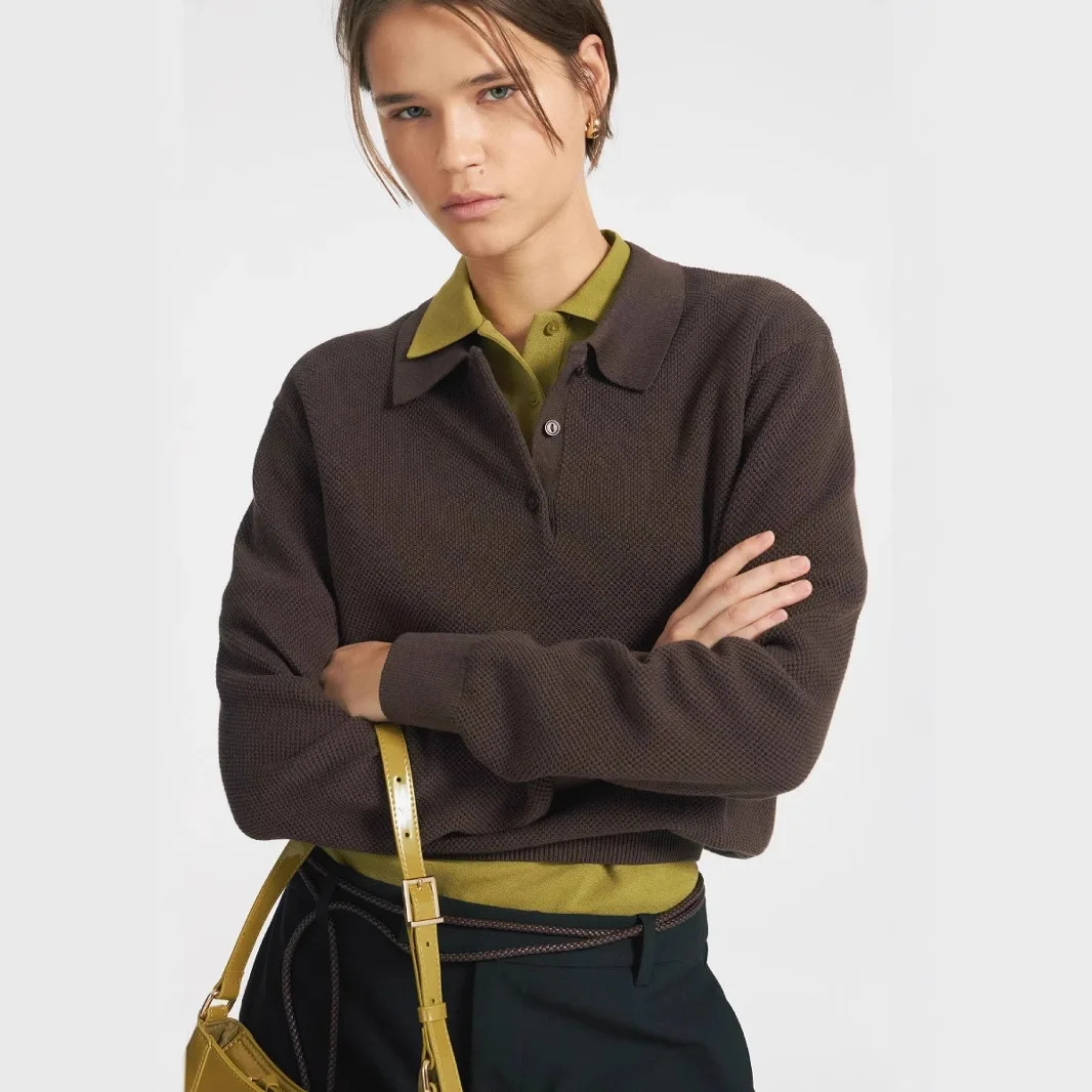 

2025 Fall Polo's Shirts Long Sleeve Waffle Knit Tops For Women