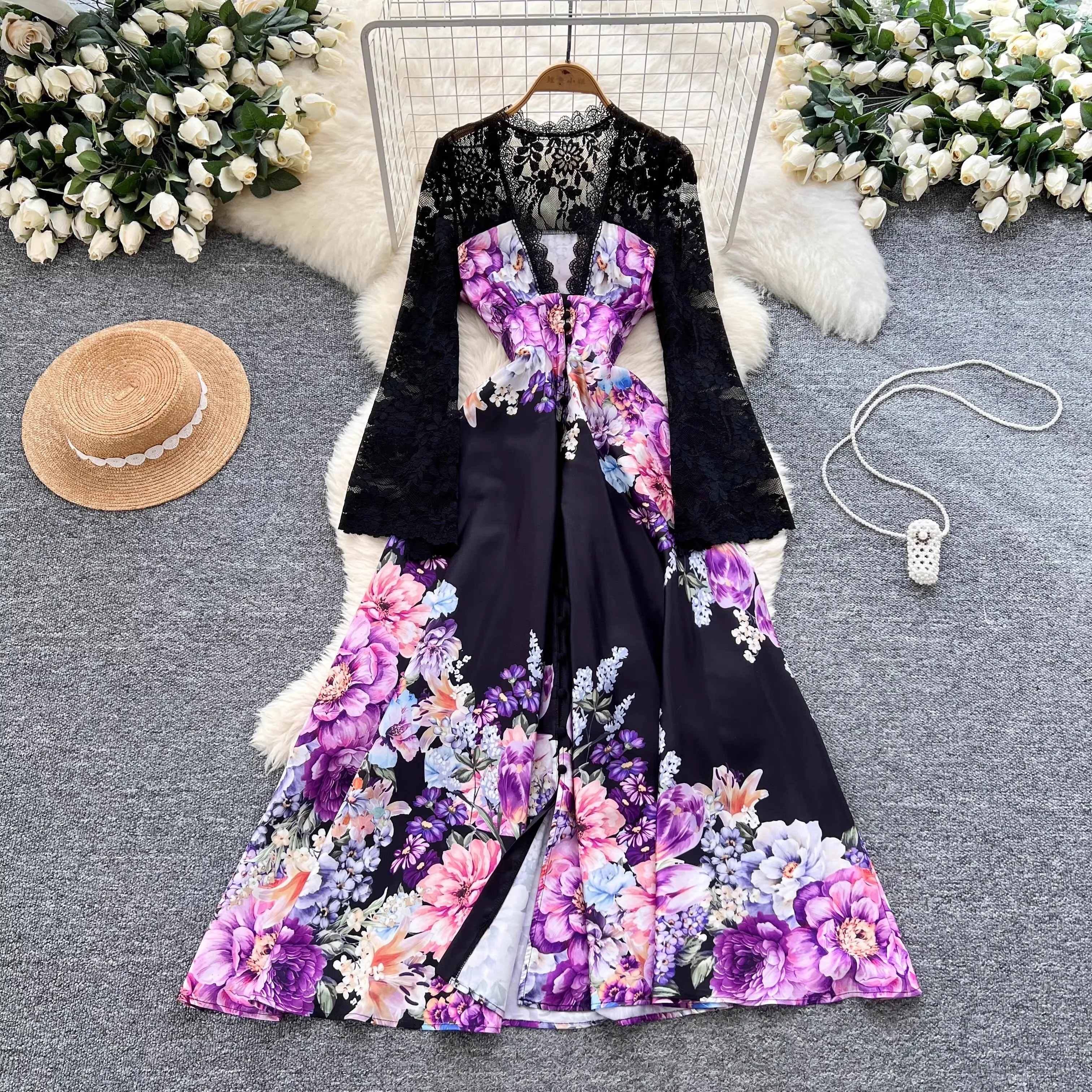 

Elegant Vintage France Palace Print Dress for Women Flare Sleeve Button Lace Long Evening Party Casual Holiday Female Clothing