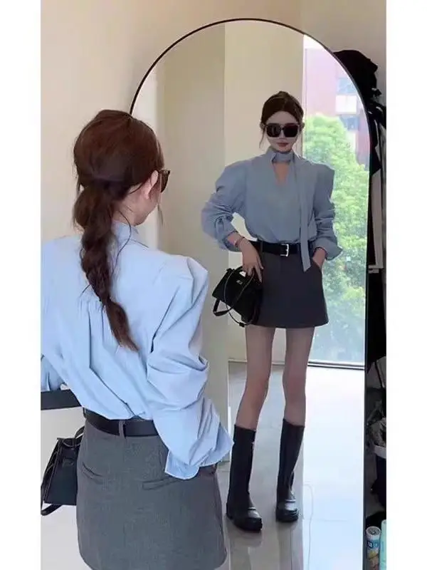 

Korean Design Long Sleeve Shirt Women's Loose V-neck Casual Hanging Neck Top Autumn New Style Fashion Set Polyester Fiber