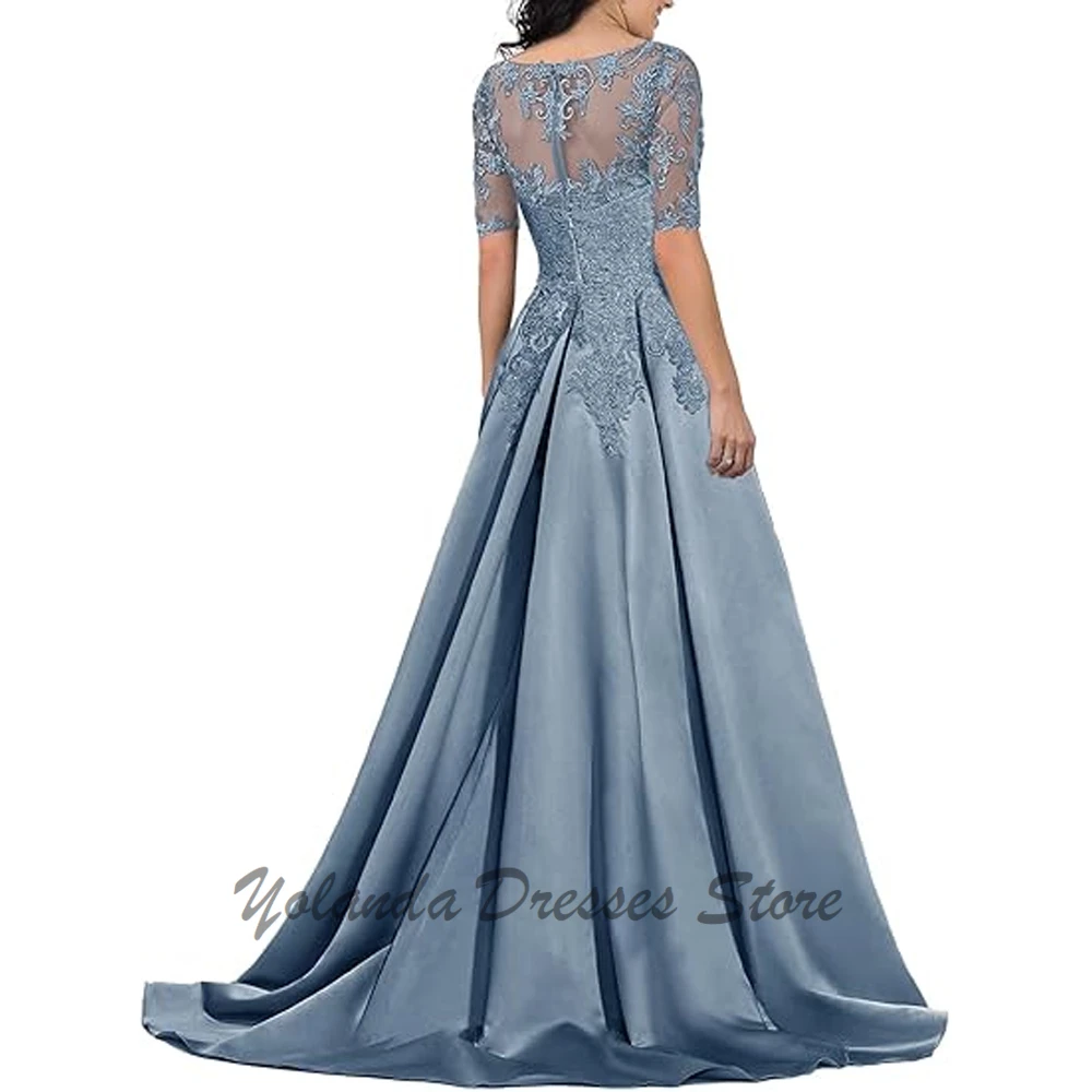 Fashion V Neck Mother of The Bride Dresses Applique Zipper Back Half Sleeves Formal Evening Gown Floor Length Illusion Sweep