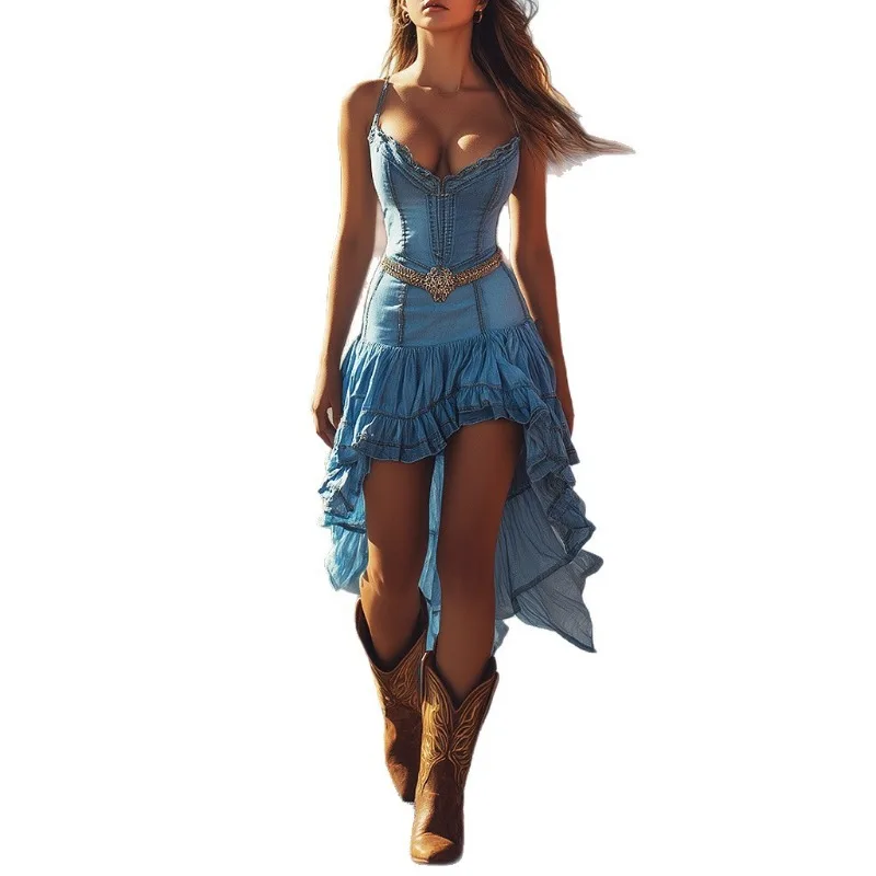 2026 New Retro Denim Sweet and Spicy Girl Strapless Halter Dress Women Summer High-End Feeling Gaseous Waist Skirt Mini Dresses