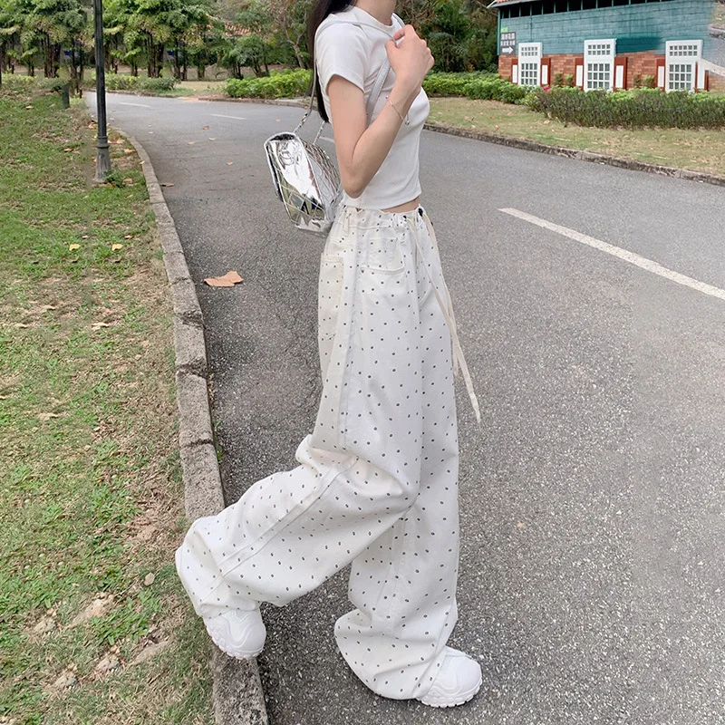 

Retro Polka Dot Loose Wide Leg Pants Drawstring Adjustable Versatile Micro Flared Jeans for Women
