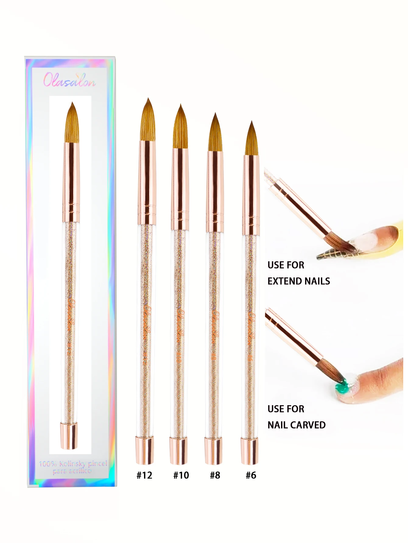 Olasalon 100% 퓨어 콜린스키 헤어 아크릴 네일 브러쉬, 아크릴 파우더 네일 아트, 타원형 컬링 클리어 골든 글리터 파우더 Ne