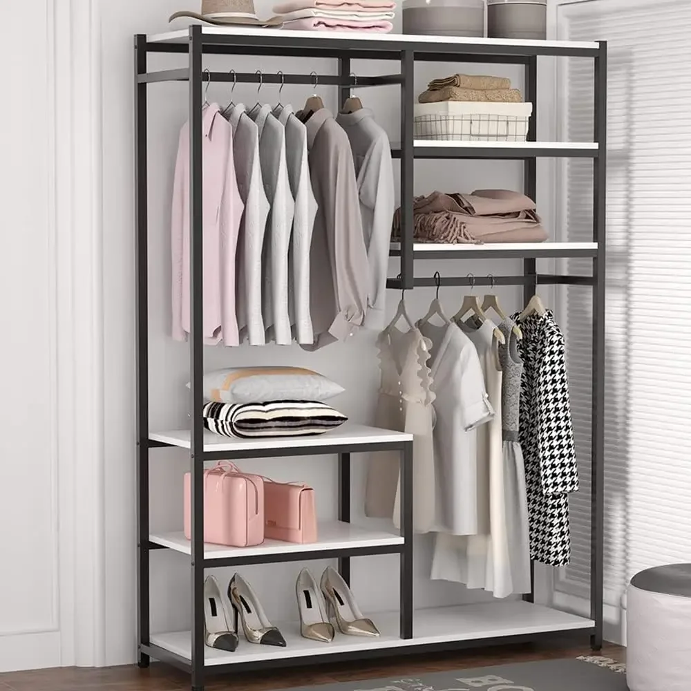 Free-standing Closet Organzier, Double Hanging Rod Clothes Garment Racks with Storage Shelvels, Heavy Duty Metal Closet Clothing