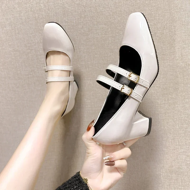 2024 Spring Autumn Women Double Buckle Mary Janes  Patent Leather Dress Shoes High Heels Pumps Retro Ladies Shoe Black Red