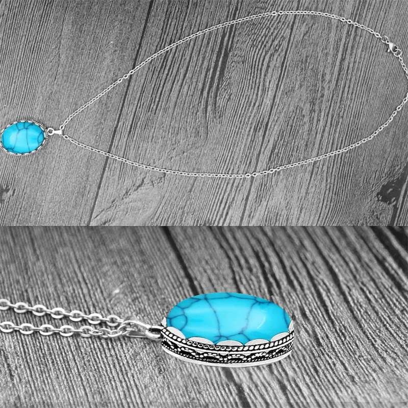 Oval Synthetic Turquoises Jewelry Set Choker Necklace Earrings Rings For Women Hollow Flower Pendant Stainless Steel Chain