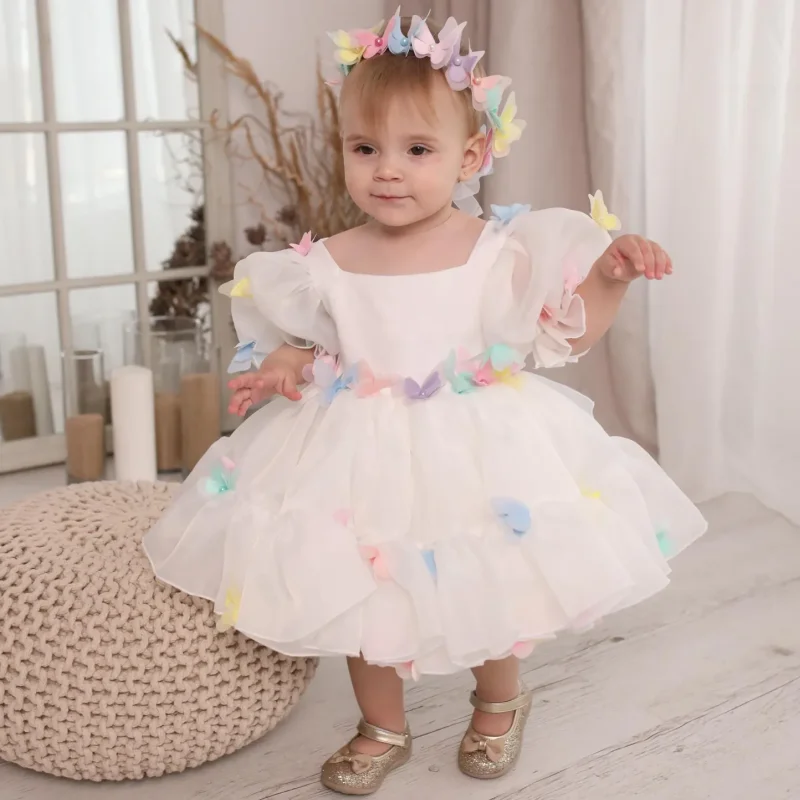 

Flower Girl Dresses White Tulle Colorful Butterfly Tiered With Bow Short Sleeve For Wedding Birthday Party Holy Communion Gowns