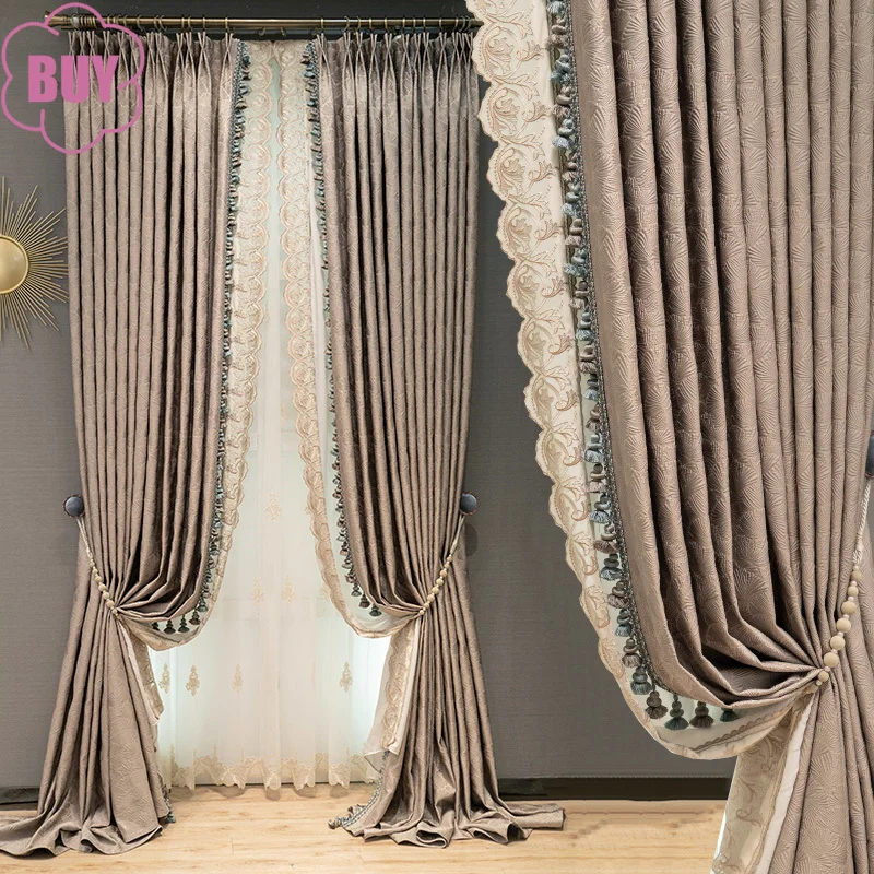 

Customized Grey Coffee Embossed Jacquard Thickened Blackout Curtains for Living Room Bedroom French Window Balcony Window