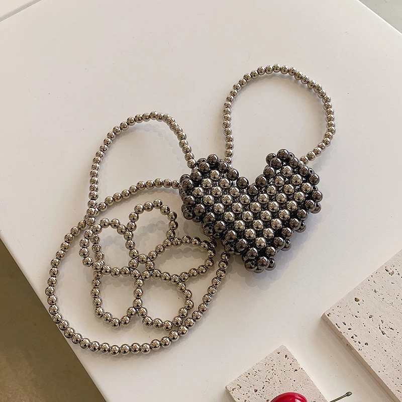 Women Fashion Hand-Beaded Braided Crossbody Bag Mini Heart-shaped Silver Beaded Bag Evening Party Coin Purse Female 2022