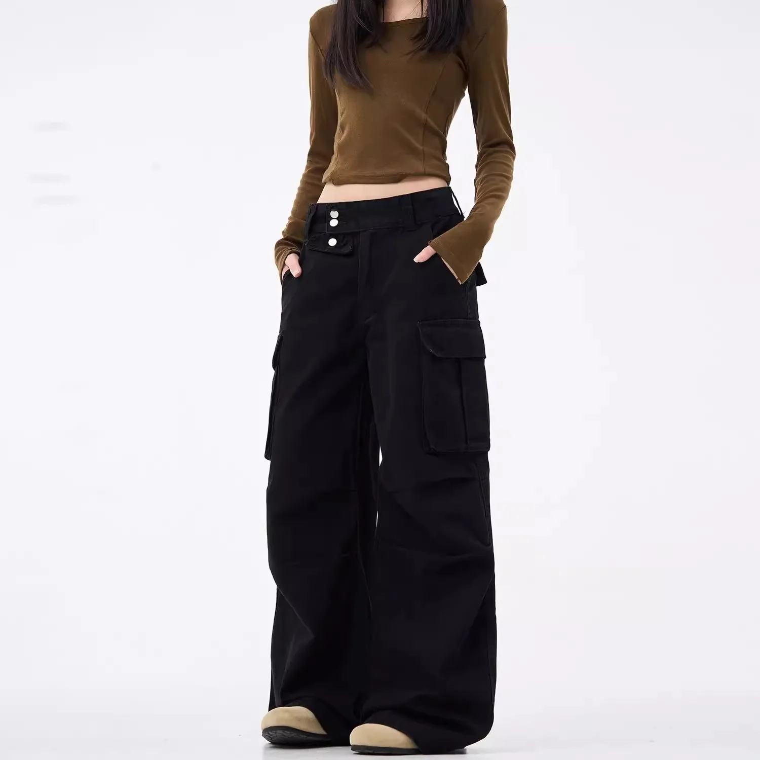 

High Street Wide-Leg Casual Women's Cargo Pants Streetwear Summer New Y2k Sweatpants Black Flared Long Pants Gothic Clothing 90s
