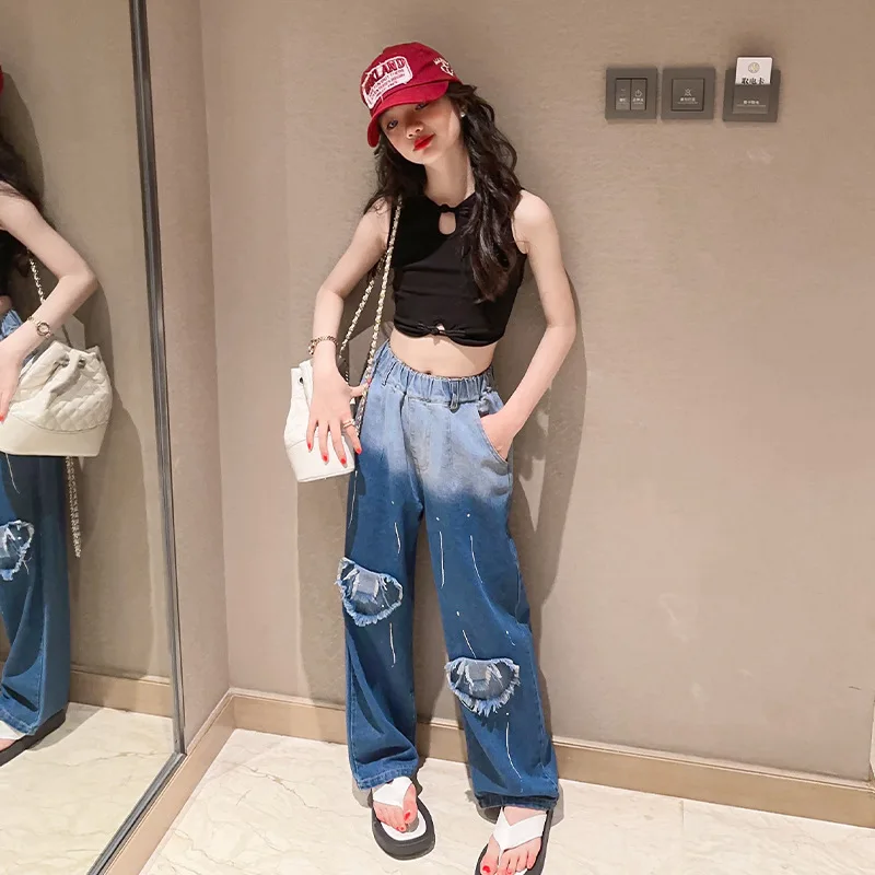 

summer teenages girls clothes sets Vintage Short Top Tee+Wide leg jeans 2pc kids girl clothing suit roupa infantil menina outfit