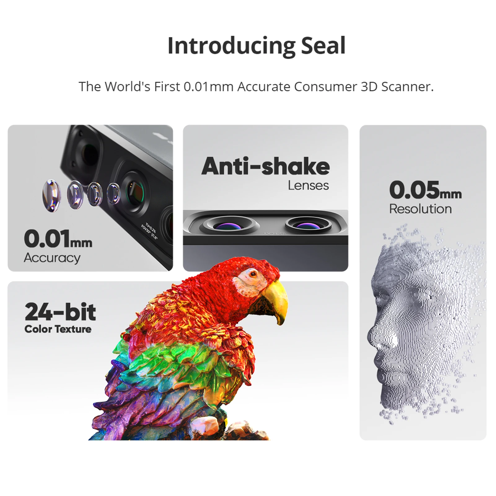 3DMakerpro Seal 3D Scanner for 3D Printer with 0.01mm Accuracy 24-bit Color Camera 10FPS Scanning Speed Anti-Shake Scan Scanner