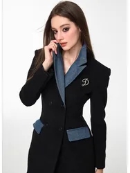 Black Patchwork Long Jacket For Women'S Autumn And Winter Design, Denim Patchwork Woolen Slim Fit And Waist Length Jacket