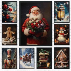 Christmas Holiday Decoration Painting Canvas Wall Art Santa Claus Christmas Tree Snowman Train Biscuits Canvas Poster Home Decor