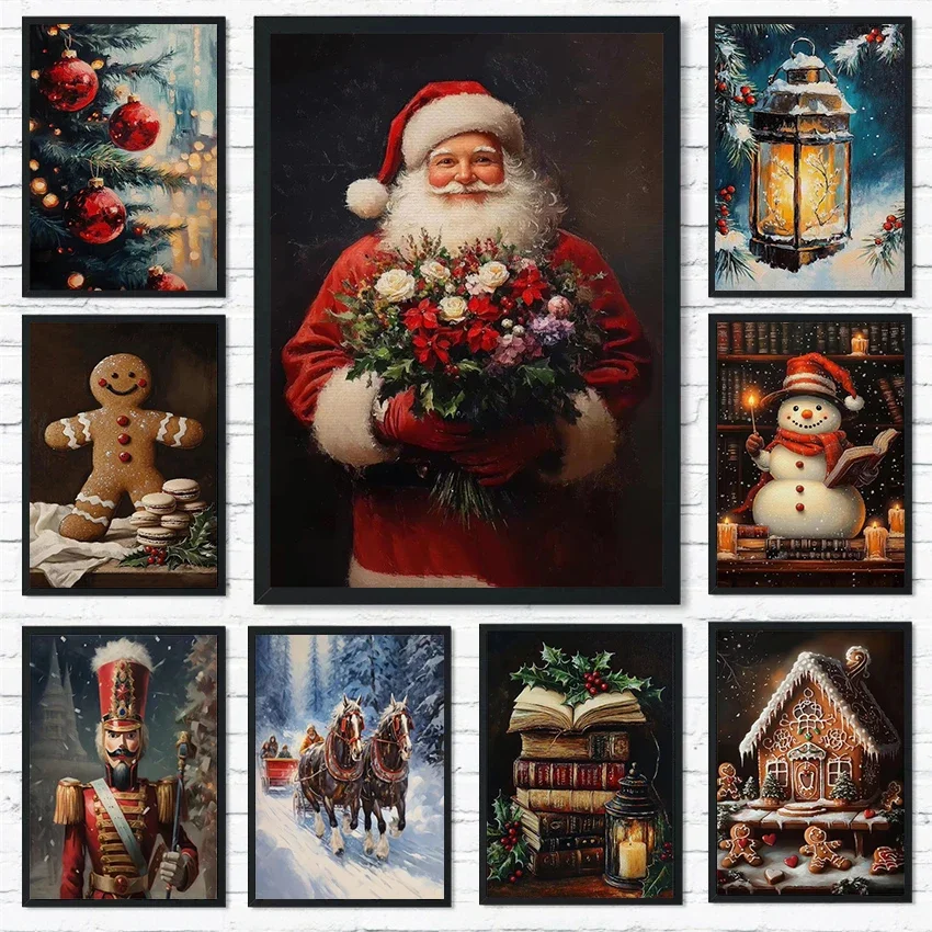 Christmas Holiday Decoration Painting Canvas Wall Art Santa Claus Christmas Tree Snowman Train Biscuits Canvas Poster Home Decor