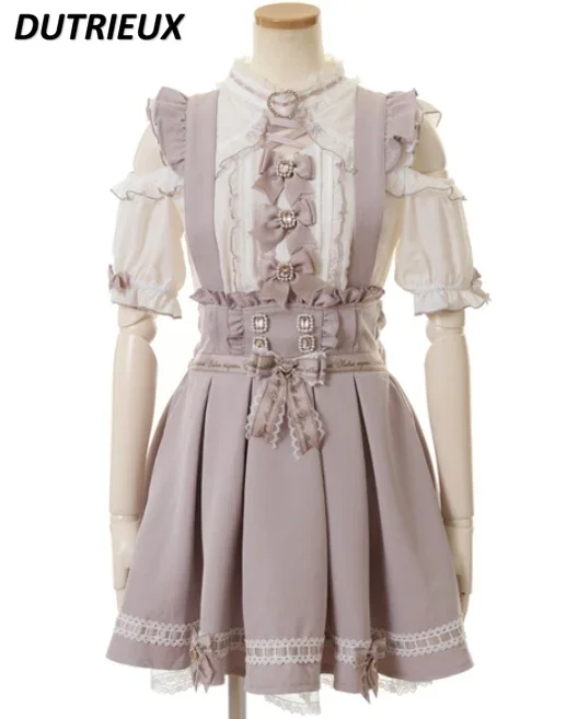 Lolita Mine Mass-Produced Lace High Waist Skirt Bow Ruffled Cross Strap Cute Sweet Skirt Fashion Lolita Style Casual Skirt