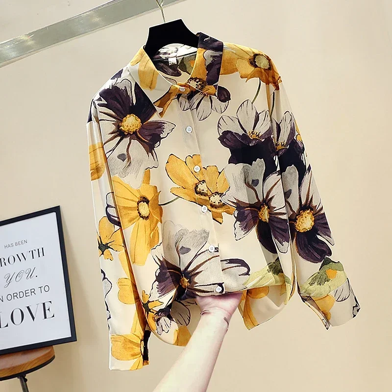 Spring Autumn Women's Blouse Korean Fashion Style Print Lapel Long-sleeved Blouse New Casual Loose Female Tops DE745