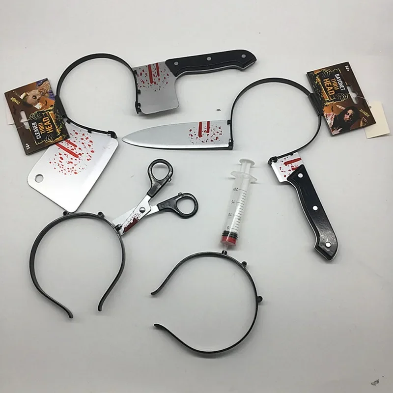 هالوين حزب الرعب العصابات الشعر وهمية سكين الفأس الساطور مقص عصائب من خلال رئيس مخيف حفلة تنكرية زي فوتوبوث الدعامة