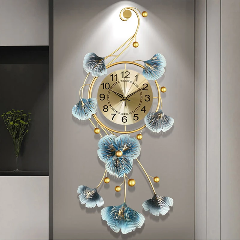 

Wrought Iron Ginkgo Leaf Wall Clock Luxury Metal Accent Clock For Dining Room TV Background Office Decor