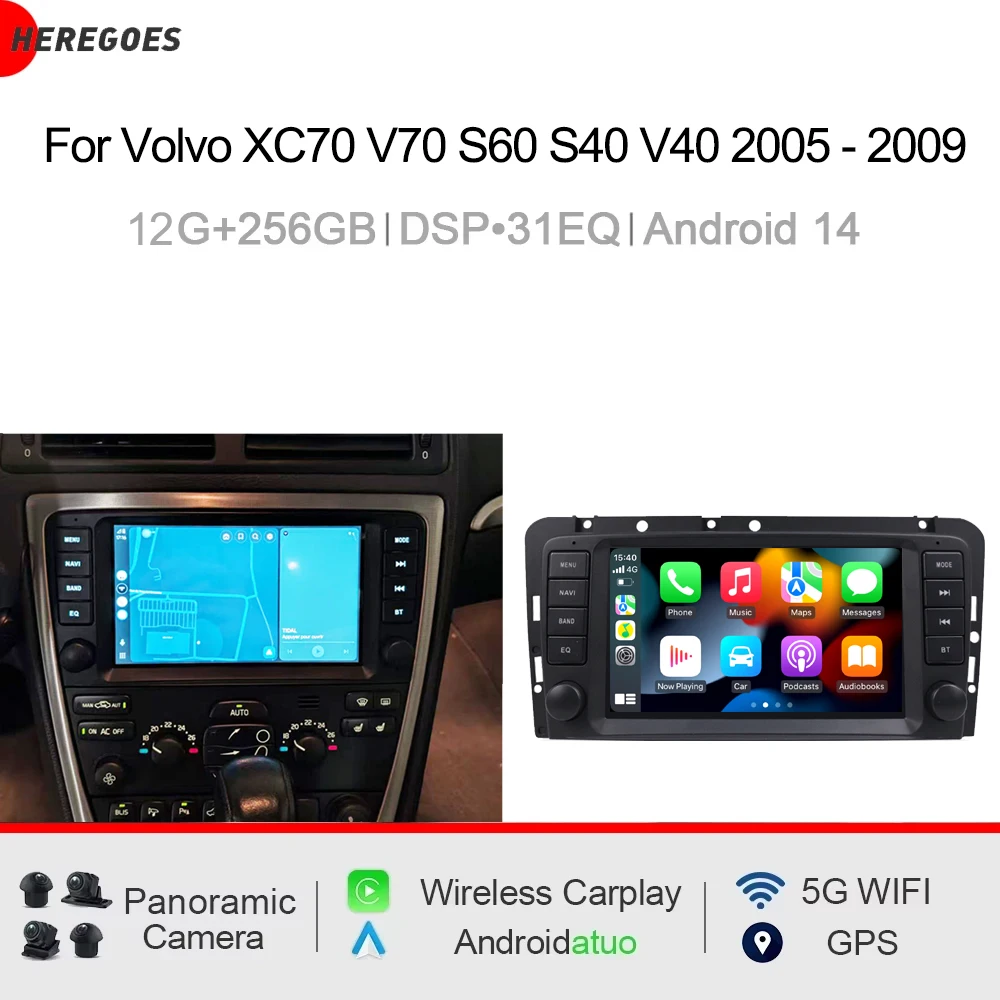 CHSTEK Reproductor Android para Auto de 8 Pulgadas con Carplay, Android 14.0, 8G+256G, 8 Núcleos, GPS, Wifi, Multimedia para Volvo XC70 V70 S60 S40 V40 2005 - 2009