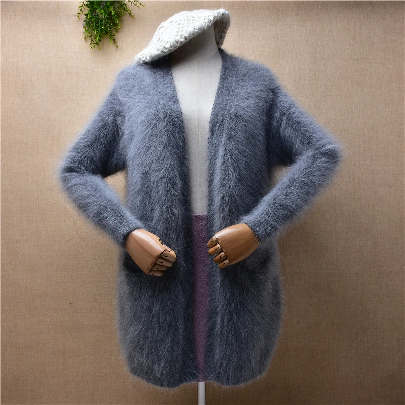 ladies women fashion grey hairy mink cashmere knitted long sleeves loose cardigan mantle angora fur jacket coat sweater pull top