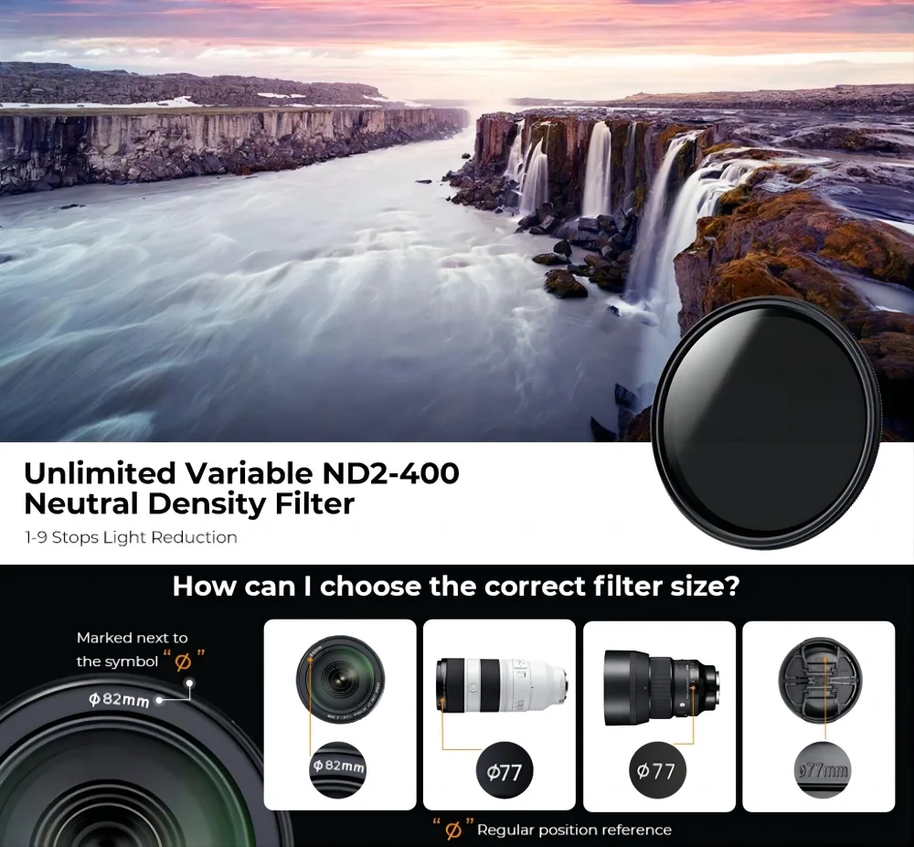 I-boxine ND2-ND400 ND Filter Variable Neutral Density Filter 67mm 82mm 49mm 52mm 58mm 72mm 77mm 55mm for Camera Lens