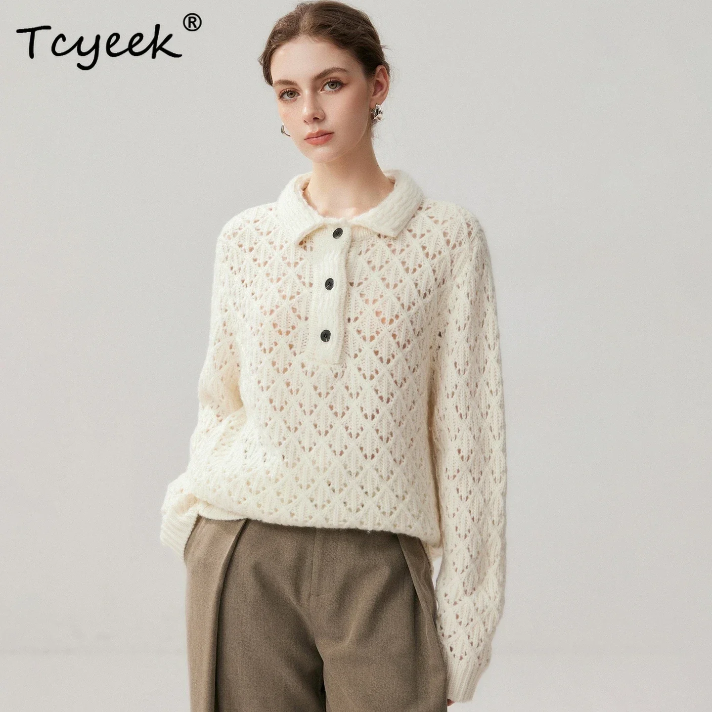 Tcyeek Heavyweight Luxury Clothes Autumn Winter Sweater Women's Pullover 100% Cashmere Knitwear Lapel Cut Out 3D Diamond Shaped