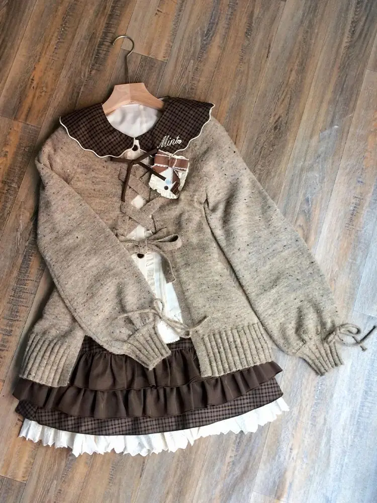 

Hollow Out Knit Sweater + Chic Tops + Cake Skirts Women Japanese Sweet Lolita Kawaii 3 Piece Set Harajuku Fashion Lovely Outfits