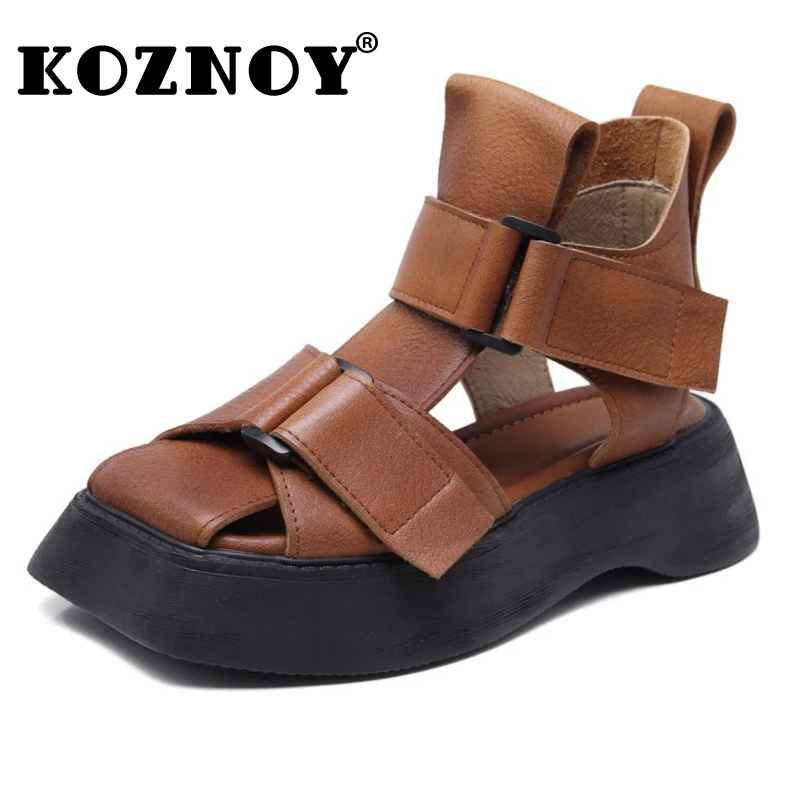 

Koznoy 4,5 см сандалии из натуральной коровьей кожи на платформе, удобные модные женские резиновые туфли с открытым носком, лидер продаж, летние женские туфли на крючках