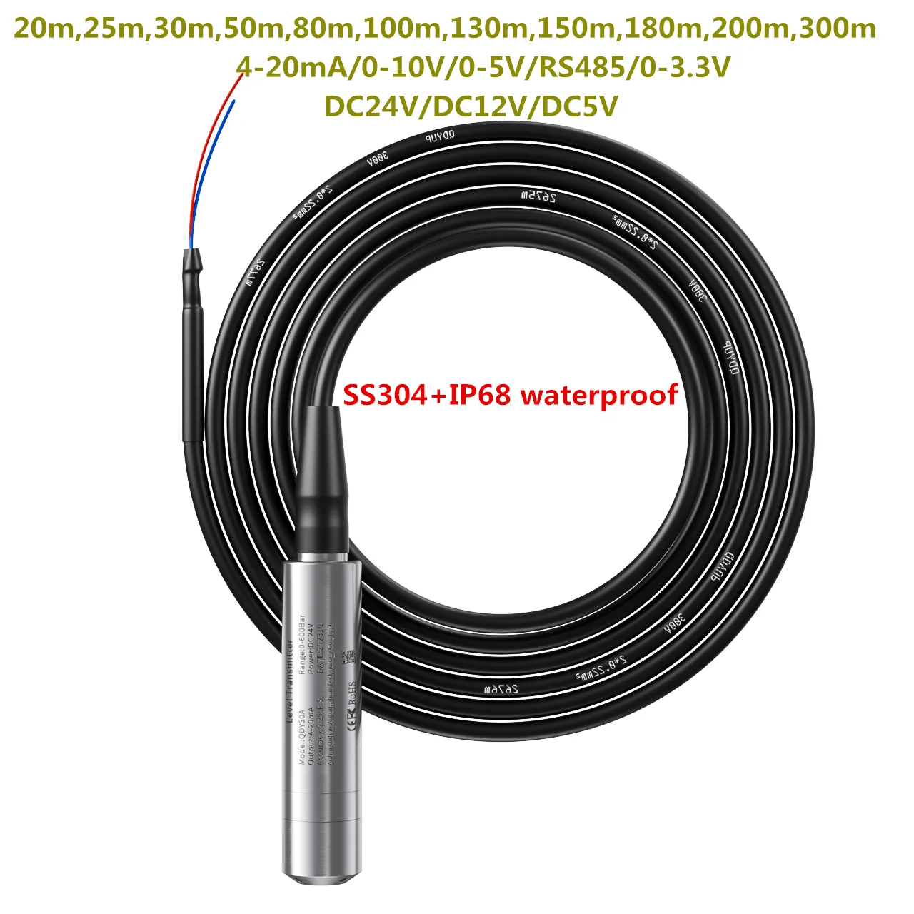 20m 30m 50m 100m 200m Submersible water level sensor industrial level transmitter for water tank pump well