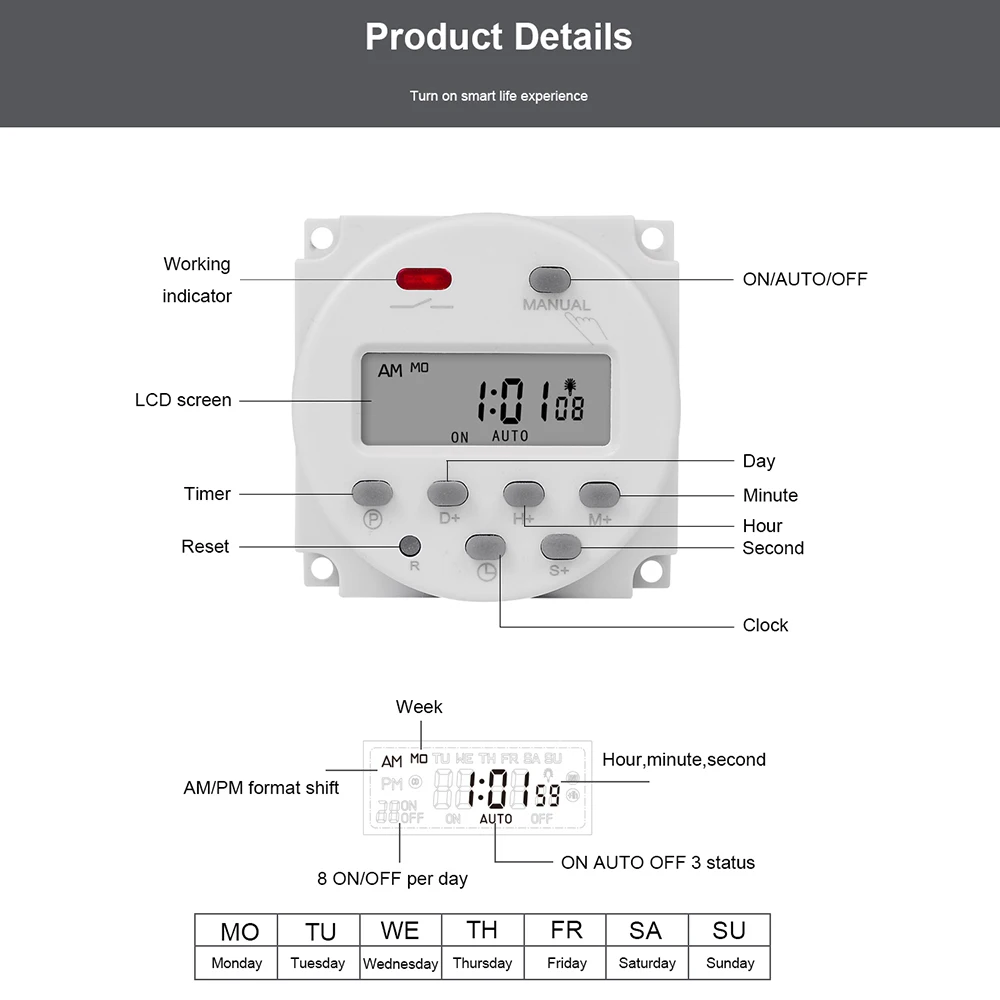 1 Second Interval Timer Switch 5V 12V 24V 110V 220V Digital LCD Timer Switch 7 Days Weekly Programmable Time Relay Programmer