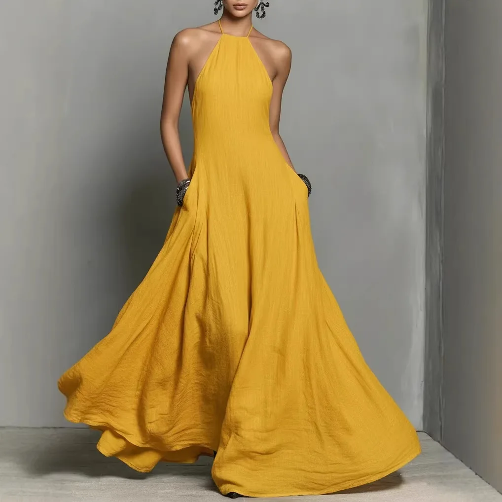 New Summer Women Halter Lace-Up Party Dress, Holiday Sleeveless Patchwork Maxi Dress, 2026 Elegant Solid Backless Ladies Dresses - Image 6