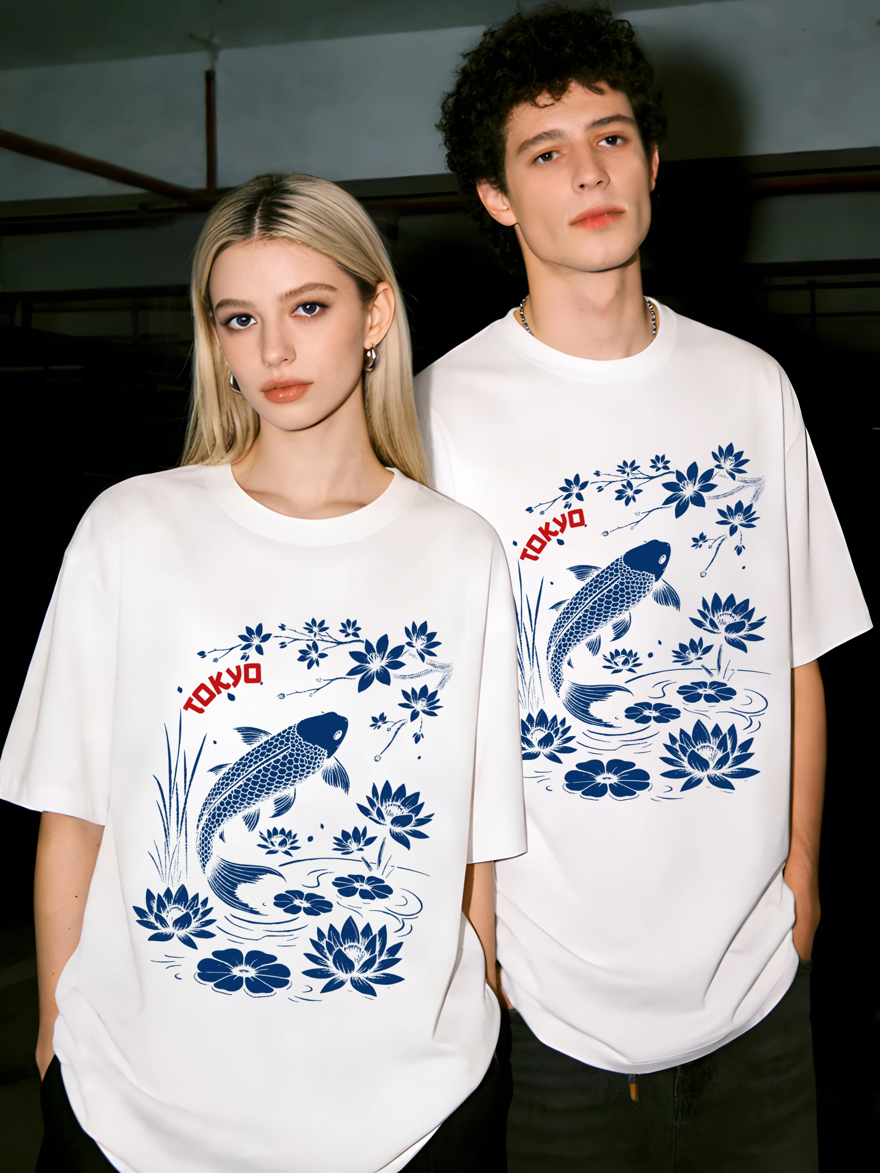 Koi In The Lotus Pond Design T-Shirt für Paare, Baumwolle, O-Ausschnitt, T-Shirts, Sommer, lockere Kleidung, Mode, Unisex, Retro, kurze Ärmel
