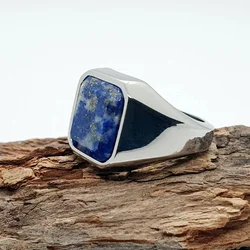 Classic Natural Lapis Lazuli Men Ring with Square Real Stone Silver Color Man Accessories Jewelry Surgical Stainless Steel 2023