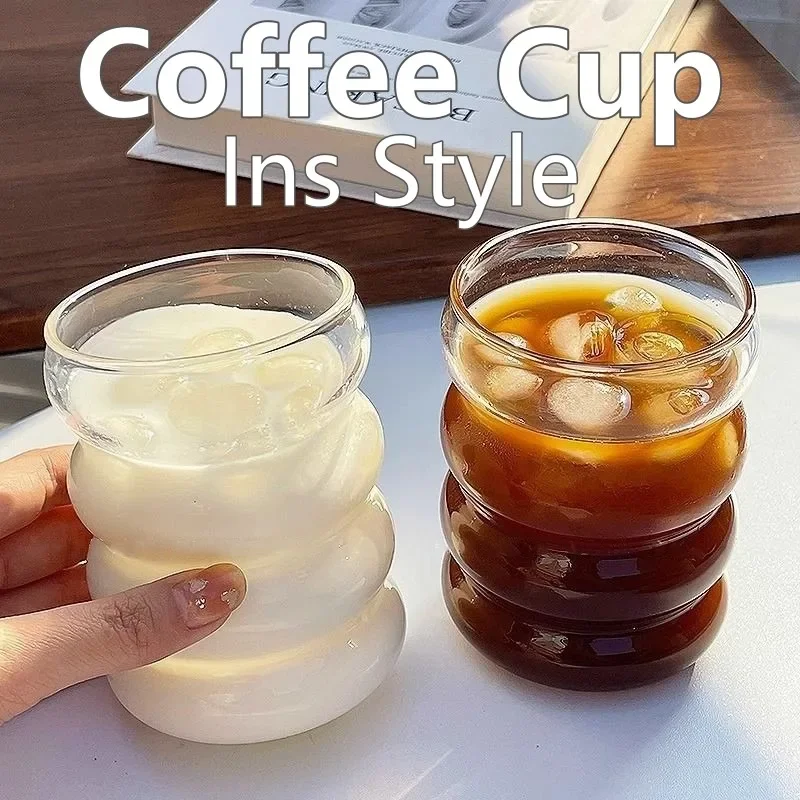 2/3PCS Beverage Glasses Wave Shape Vintage Glass Cups Ripple Threaded Cold Drink Coffee Cup for Milk Juice Champagne Cocktail