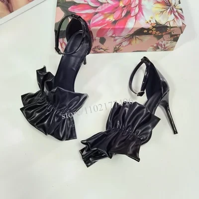 Fringe Black Leather Cloth Ruffle Crinkle Pumps Buckle Cover Heel Sandals Patent Hollow Branded Stiletto Round Toe Concise Shoes