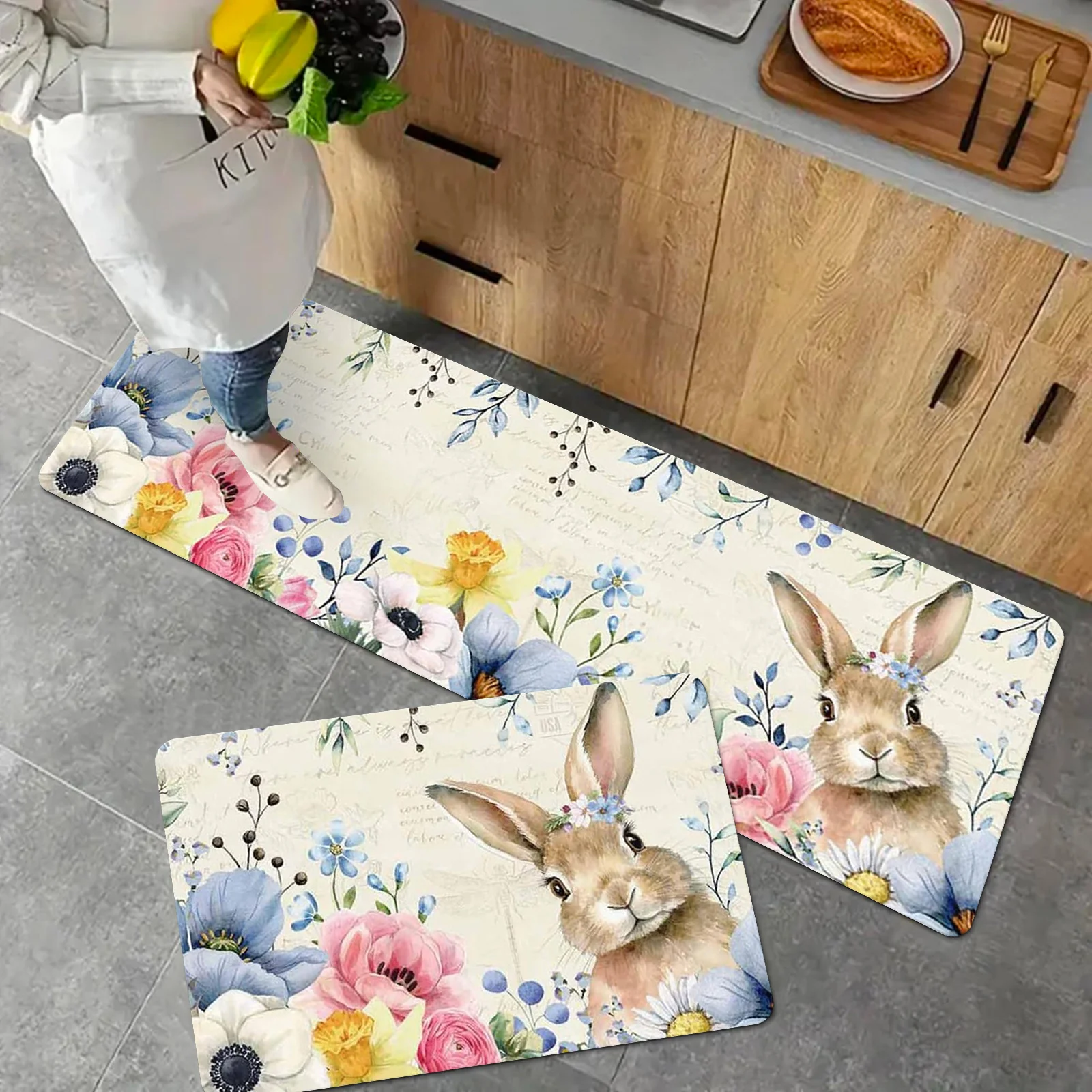 Happy Easter Spring Rabbit Flowers Kitchen Floormats Living Room Balcony Hallway Entrance Rugs Bathroom Toilet Non-slip Door Mat