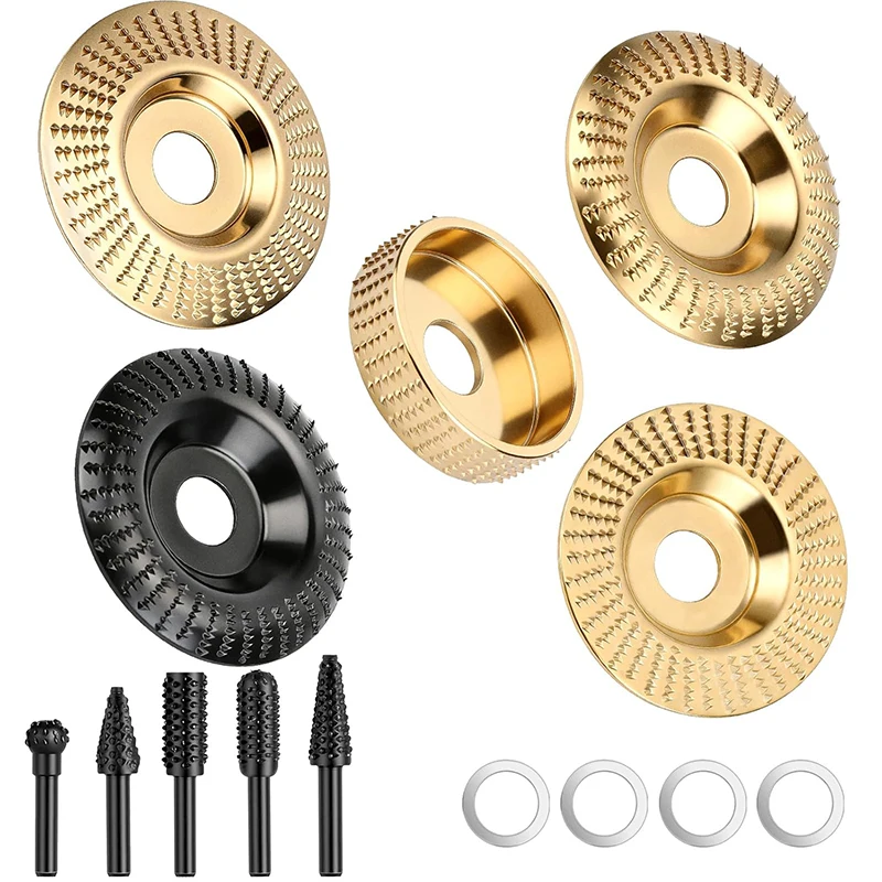 14個入りアングルグラインダー木工彫刻ディスクセット、炭素鋼製木工研削砥石、5-8インチ、7-8インチアーバー付き、5個入り木工グラインダーディスク