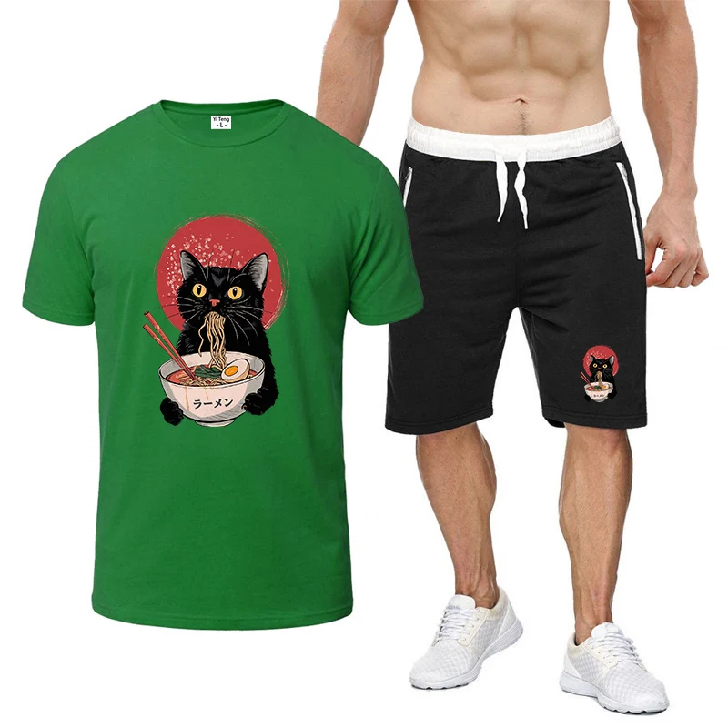 

2025 Noodle Ramen Cat Print Summer Men's New Nine-color Short-sleeved Set T-shirt + Sports Pants Breathable Streetwear Suit