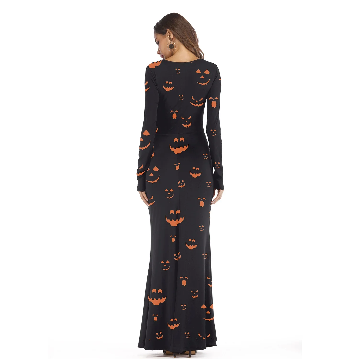 Gothic Women Dress Long Sleeve Robe Punk Women Fishtail Dress Halloween Pumpkin Terror Halloween Party Witch Gown Female Dresses