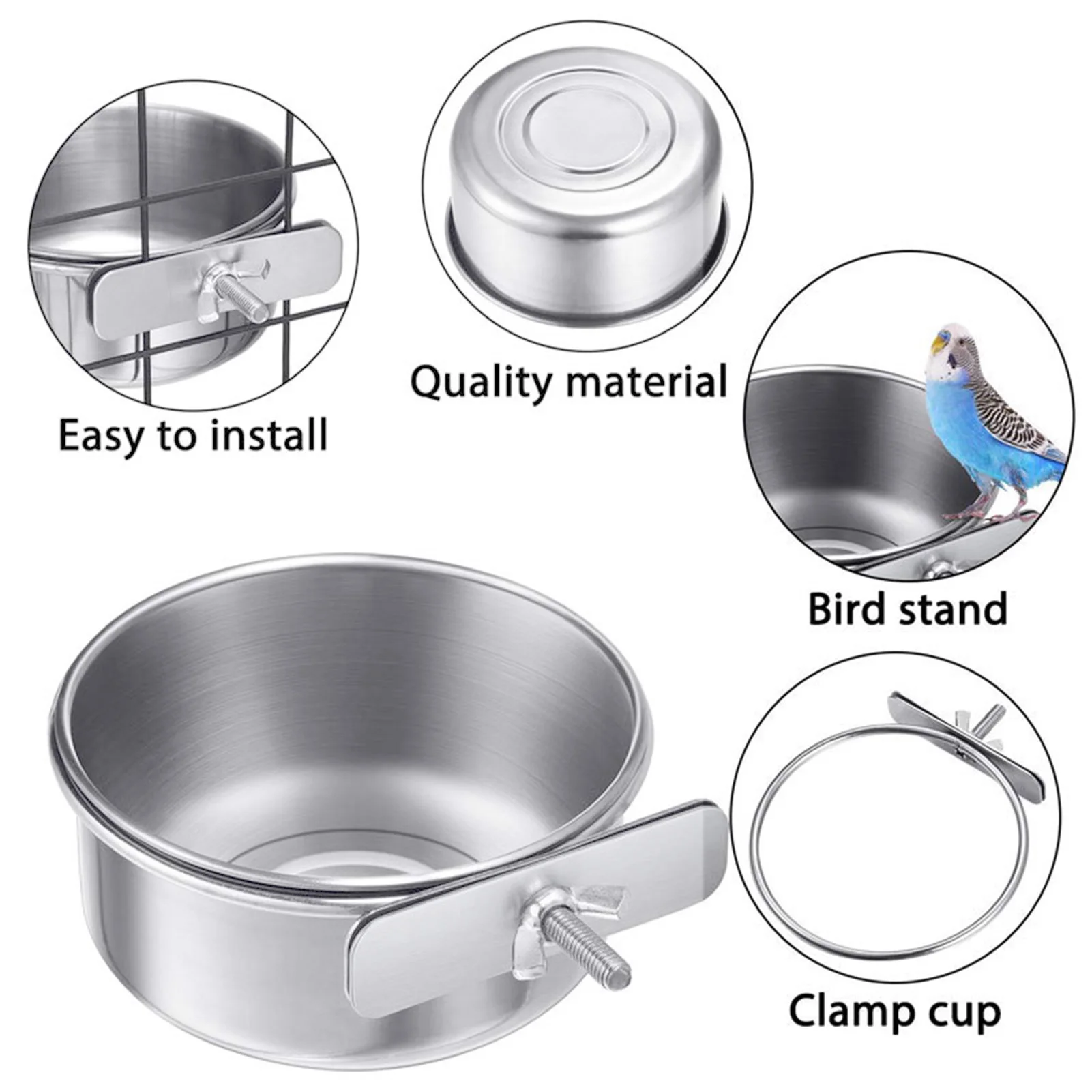 10/12/14cm Parrot Rabbit Hamster Pet Food Dish Stainless Steel Clamp-on Water Drinker Bird Feeder Feeding Bowl Hanging Bowl view 6