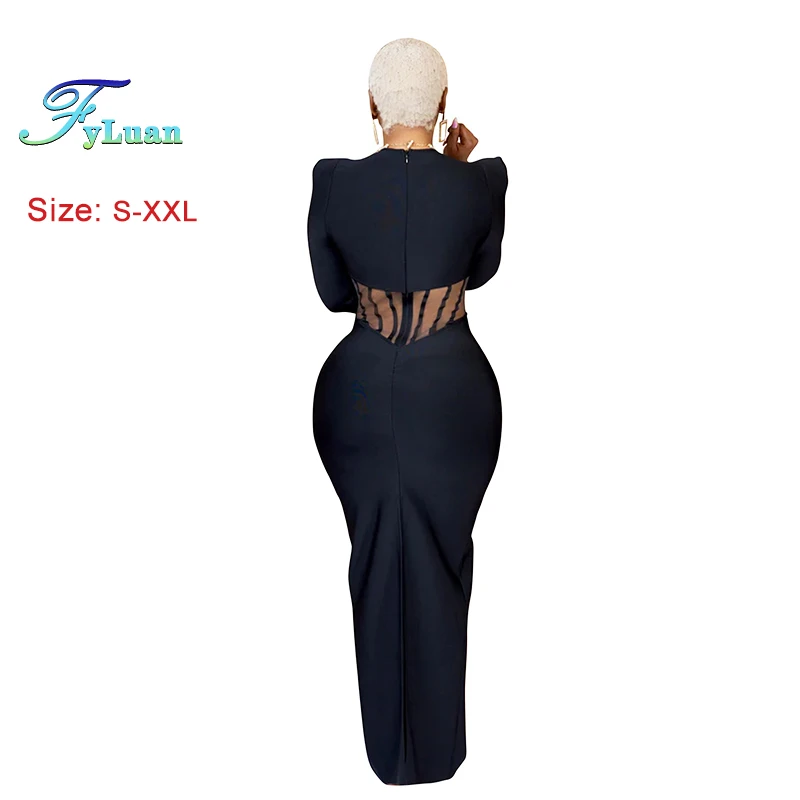 Lange jurk pure mesh patchwork dames lange jurk sexy bodycon doorzichtige volledige mouw stretch bodycon party club vakantie outfit