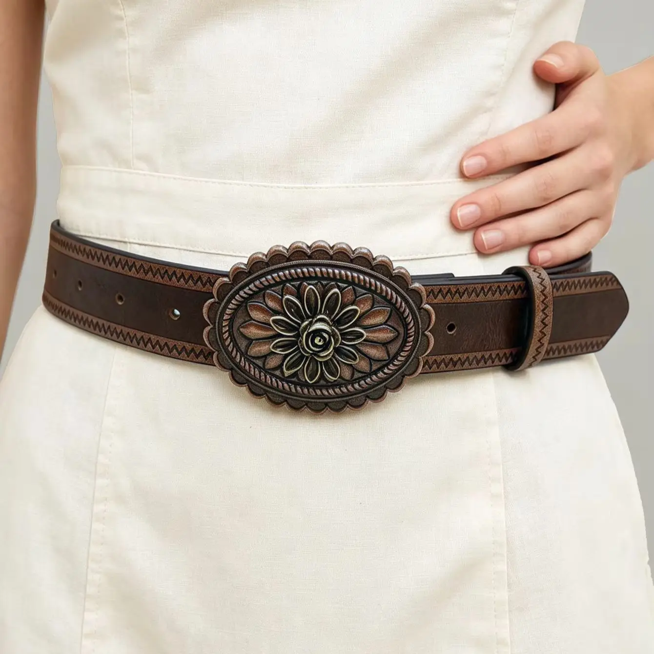 Western Vintage Carved Flower Oval Buckle Women Belt, Boho Embossed Edge Pu Leather Waist Belt for Dresses Jeans
