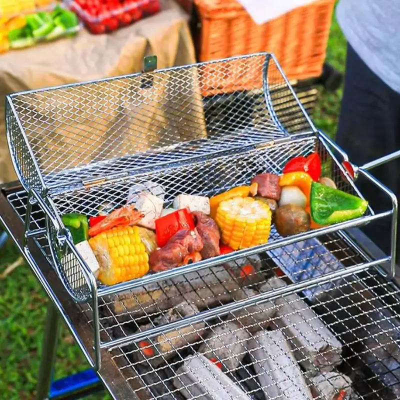 Camping Rolling Grill Basket With Stand Stainless Steel BBQ Grilling Basket Portable Smokings Cage Grill Net Camping Accessories